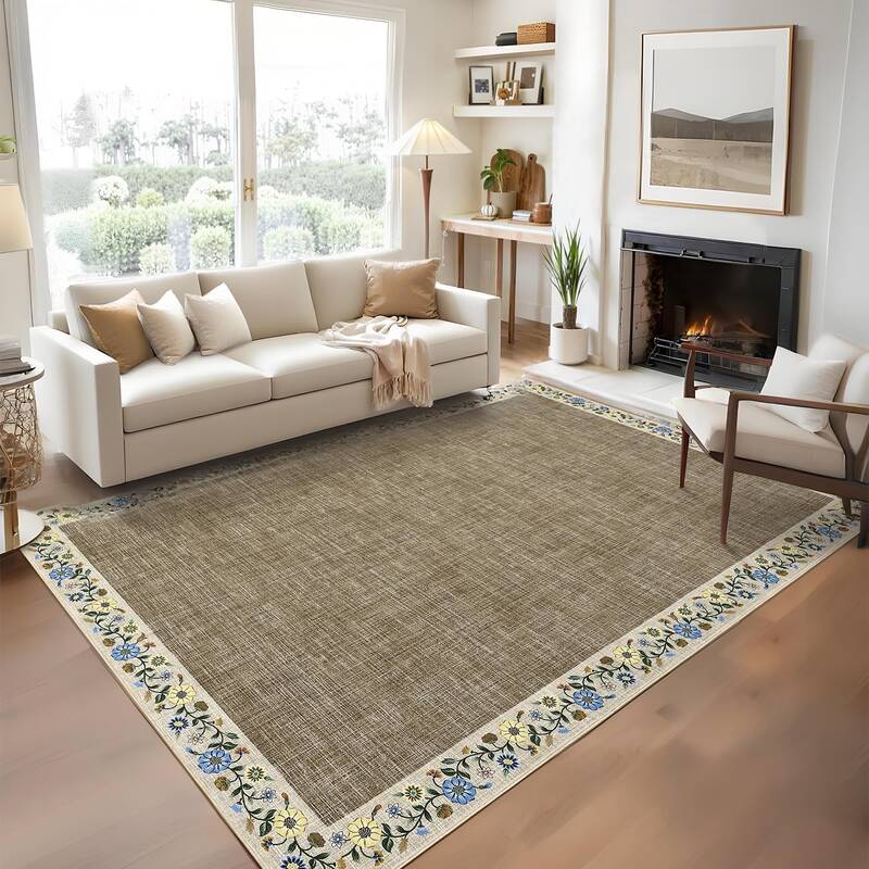 Garvee Bordered Taupe 4x6 Floral Area Rug Machine Washable Non-Slip Faux Wool Cozy Low Pile Stain Resistant Living Room Bedro...