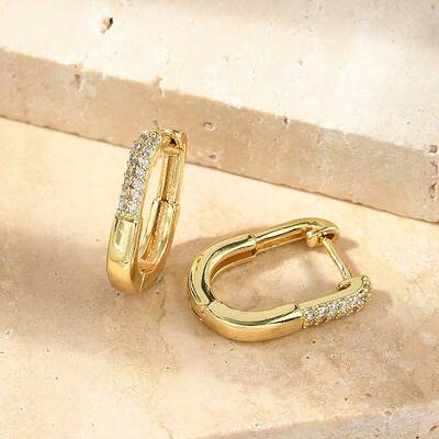 Oval Brass Micro Pave Clear Cubic Zirconia Hoop Earrings