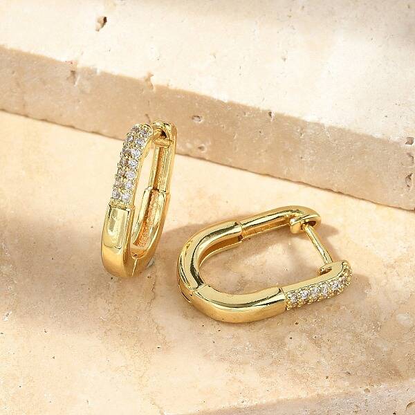 Oval Brass Micro Pave Clear Cubic Zirconia Hoop Earrings