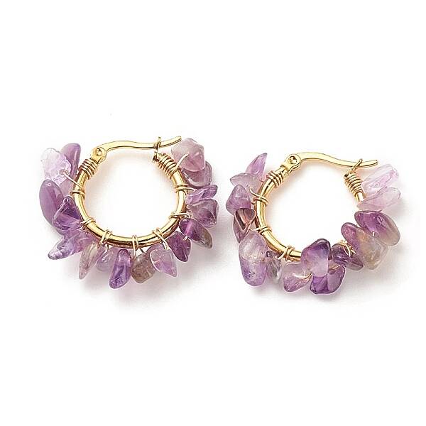 Natural Amethyst Chips Braided Hoop Earrings