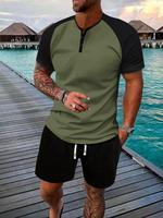 Men's Colorblock Tee & Shorts Set, Formal Wear Men's Summer Clothes, Regular Fit Casual Soft Comfort Short Sleeve Jersey & El...