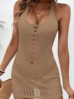 Women's Solid Color Hollow Out Crochet Cover Up Dress, Casual Sexy Fashion Knitting Beach Cover Up Dress for Beach Holiday Va...