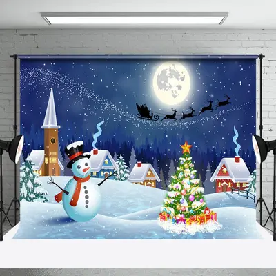 Moon Night Snowy Town Field Merry Christmas Backdrop - Aperturee