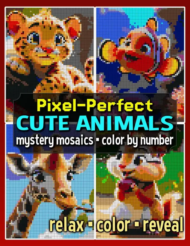 Pixel-Perfect Cute Animals Mystery Mosaics Color by Number: Pixel Art Coloring Book for Adults and Teens (Mystery Mosaic Colo...