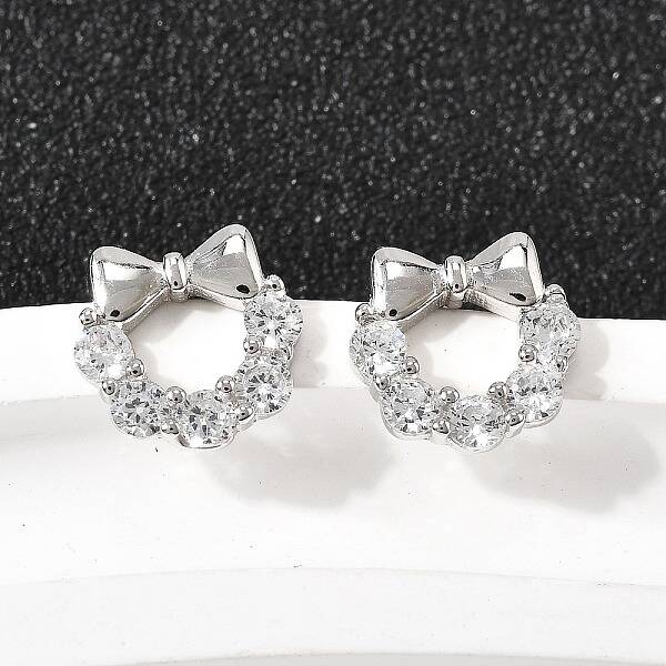 Bowknot 925 Sterling Silver Micro Pave Clear Cubic Zirconia Stud Earrings