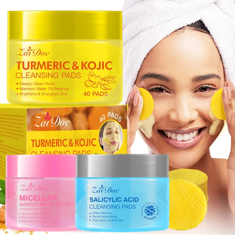 Turmeric & Kojic Cleansing Pads - 40 Pads for Deep Pore Clean, Oil Balance & Acne-Fight - Moisturizing & Brightening - Ideal ...
