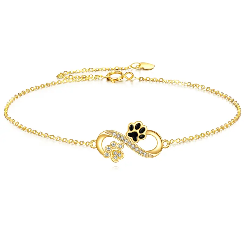 14K Gold Cubic Zirconia Paw & Infinity Symbol Charm Bracelet