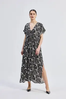 Deep V-neck Maxi Dress with Front Gathers in Black Florals | Color: Midnight Bloom | Size: XS