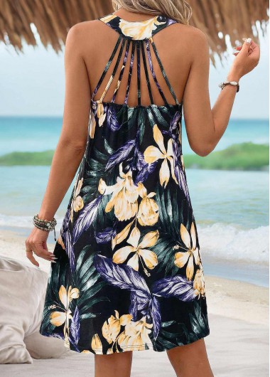 Modlily Black Floral Print Tummy Coverage Sleeveless Scoop Neck Dress - XXL