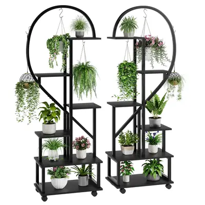 Garvee 2-Pack 6-Tier Tall Metal Plant Stands with Detachable Wheels - Half Heart Shape with Drawers, Large Indoor/Outdoor Dis...