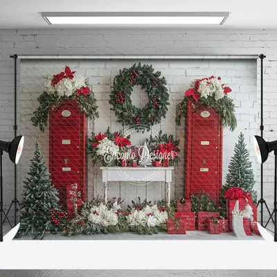 Wreaths Red Door Warm Winter Christmas Scene Backdrop - Aperturee