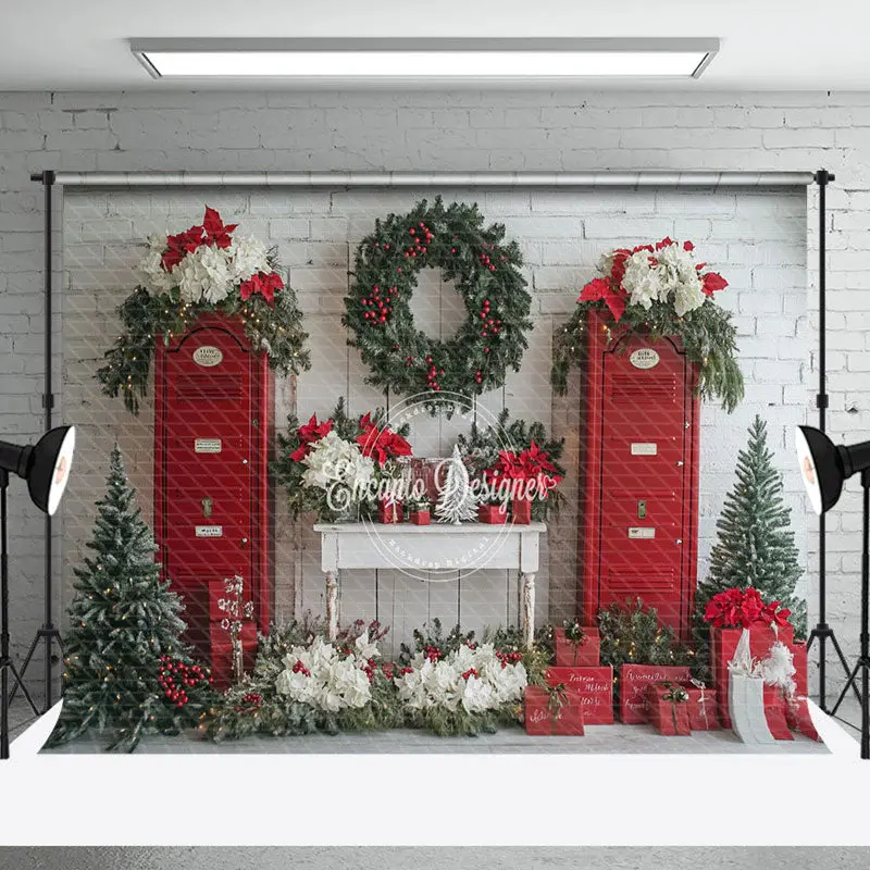 Wreaths Red Door Warm Winter Christmas Scene Backdrop - Aperturee