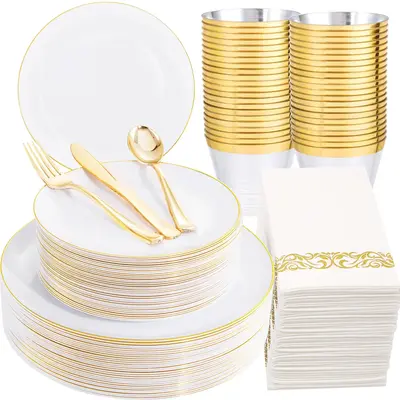I00000 Gold/SilverDisposable Plates and Silverware Set: Dinner Plates,Dessert Plates, Cups,Napkins,Knife, forks, spoons-Perfe...