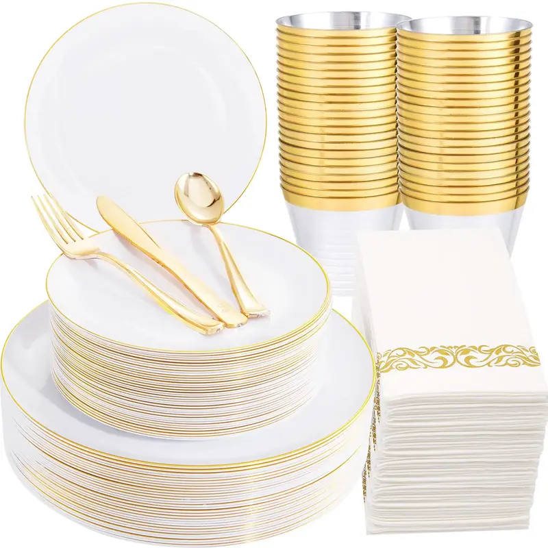 I00000 Gold/SilverDisposable Plates and Silverware Set: Dinner Plates,Dessert Plates, Cups,Napkins,Knife, forks, spoons-Perfe...