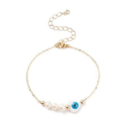 Natural Pearl & Shell Heart with Evil Eye Link Bracelet with Brass Chains for Women