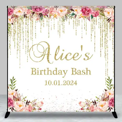 Golden Tassels Pink Floral Custom Birthday Backdrop - Aperturee