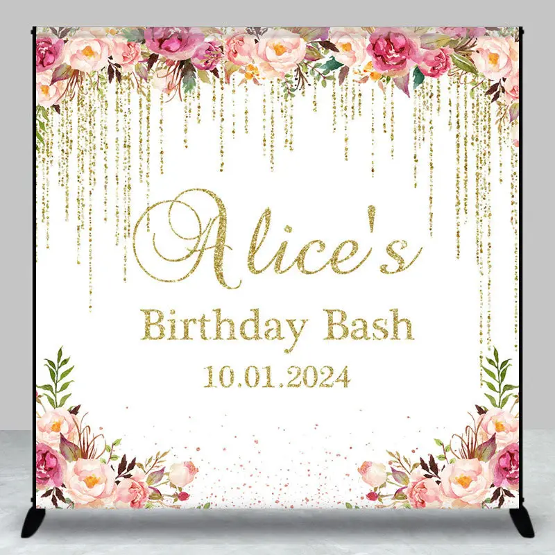 Golden Tassels Pink Floral Custom Birthday Backdrop - Aperturee