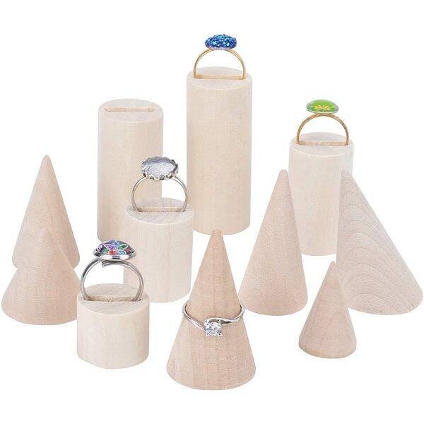 OLYCRAFT 11PCS Natural Wood Cone Ring Holders Unpainted Wood Cone Column Jewelry Ring Display Holder