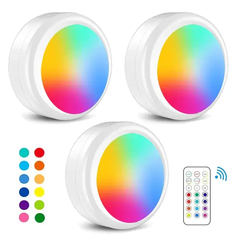LED Puck Night Light, Battery Powered LED Cabinet Light With Remote & Touch Control For Closets, Bedroom Walls, Cabinets, Wal...