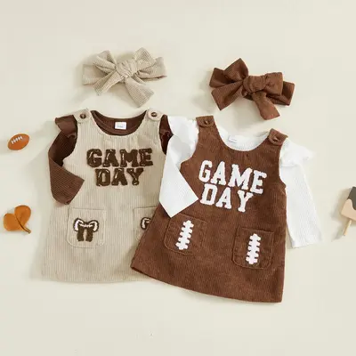 Infant Baby Girls Fall Outfit Long Sleeve Romper Football Embroidery Letters Overall Dress and Headband Set 0-18 Months