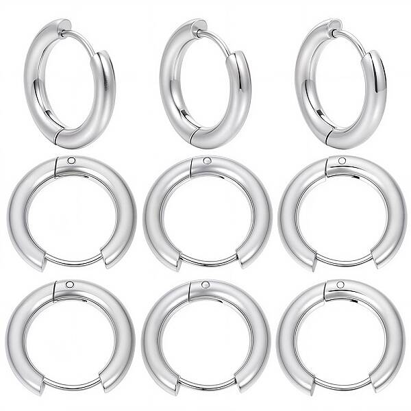 12 Pairs 202 Stainless Steel Huggie Hoop Earrings with 316 Surgical Stainless Steel Pins