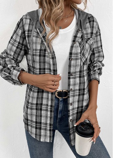 Modlily Black Button Plaid Long Sleeve Hoodie - XL