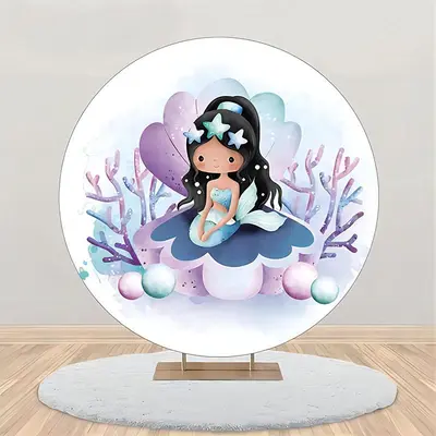 Blue Purple Shell Mermaid Round Birthday Backdrop - Aperturee