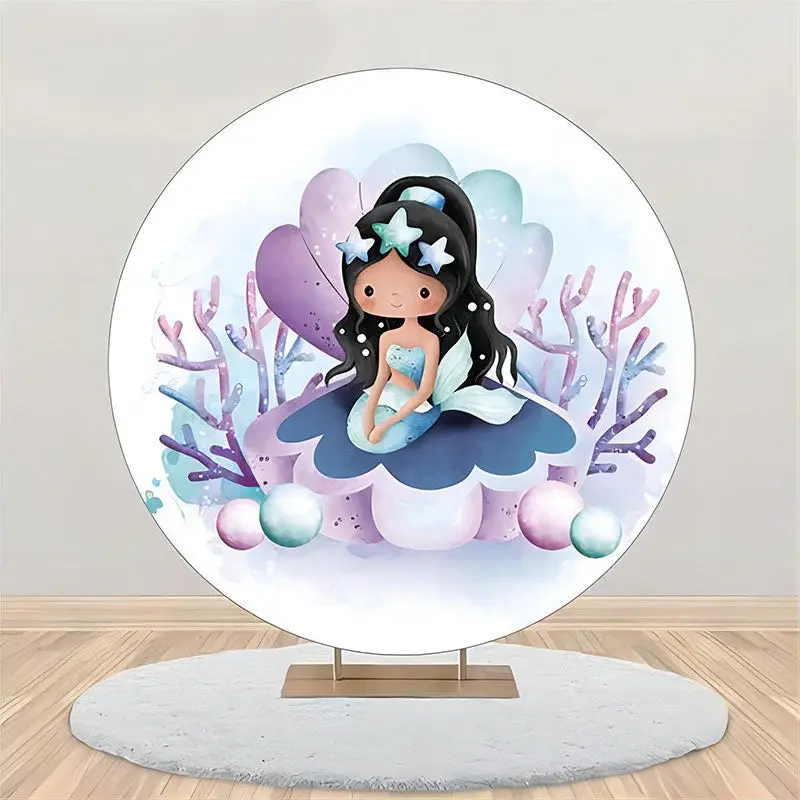 Blue Purple Shell Mermaid Round Birthday Backdrop - Aperturee