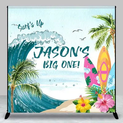 Beach Surf Up Big One Custom Name Birthday Backdrop - Aperturee
