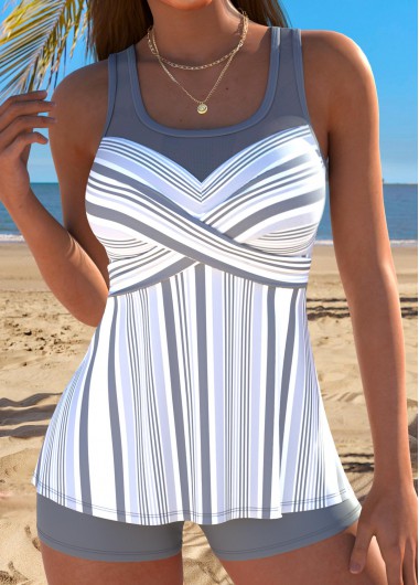 Modlily Grey Mid Waisted Tummy Coverage Striped Tankini Set - M