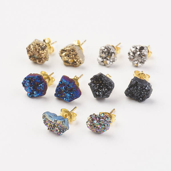 Electroplate Natural Druzy Agate Stud Earrings