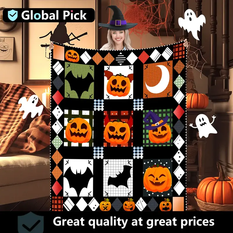 Comfortable Vintage Halloween Flannel Blanket - 51x59-inch Soft Checked Pattern with Pumpkin, Bat and Moon Design | All Seaso...
