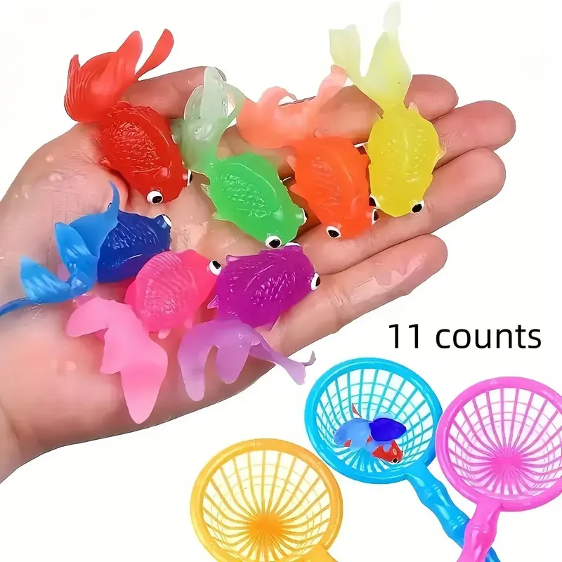 Random Color Floating Fish Toy & Fishing Net Toy, 11pcs/set Colorful Simulation Soft Rubber Fish Toy & Fishing Net Toy, Summe...
