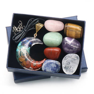 7 Chakra Tumbled Stone & Moon Pendant Necklace Mixed Natural Gemstone Healing Stones Set