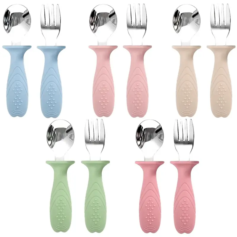 Silicone Baby Feeding Utensils Set, 2 Counts/set Cute Toddler Spoon & Fork, Baby Dinnerware, Baby Utensils, Baby Dinnerware S...
