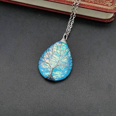 Teardrop with Tree Resin Pendant Necklace