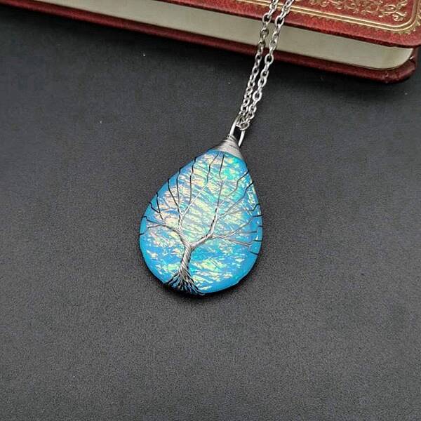 Teardrop with Tree Resin Pendant Necklace