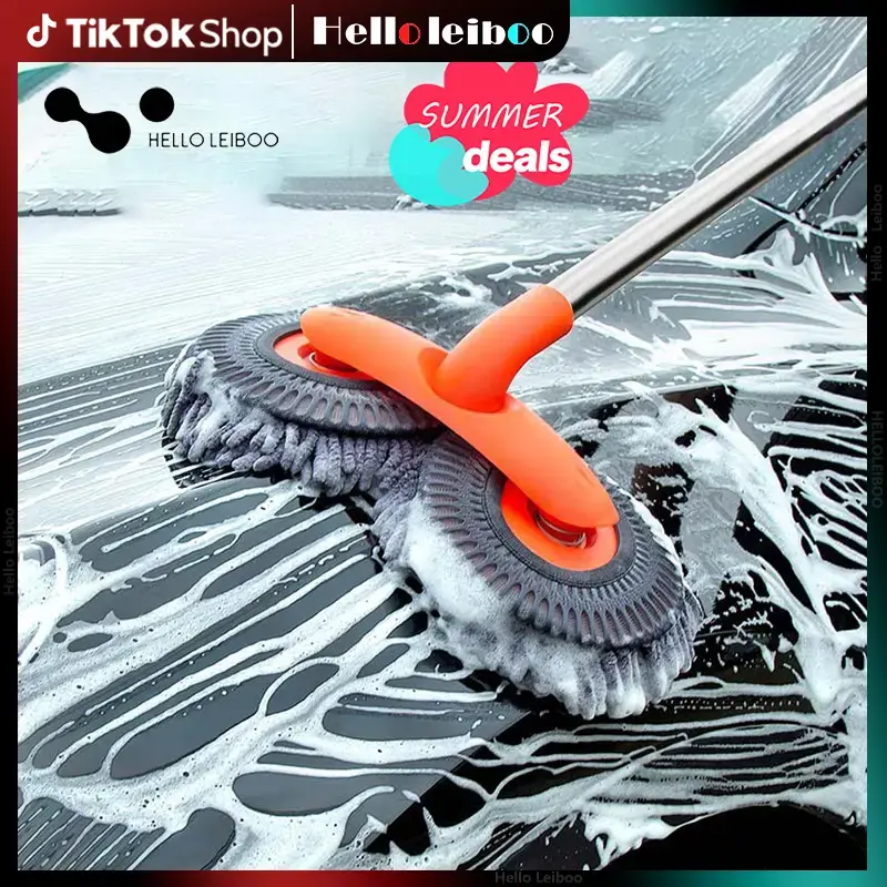 LEIBOO 43'' Long handle car wash mop, Brush head 360° rotating，Detail cleaning，3X Fast Clean，soft chenille material，...