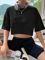 Women's Letter Print Drop Shoulder Crop Tee, Casual Streetwear Half Sleeve Round Neck T-Shirt for Daily Wear, Ladies Clothes ...