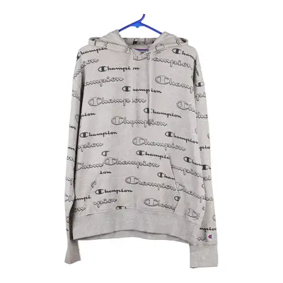 Champion Spellout Hoodie - Large Grey Cotton Blend