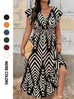 【Plus Size】 All Over Print Shirred Dress, Casual Ruffle Hem Dress for Summer, Women's Plus Clothing for Daily Wear, Women...