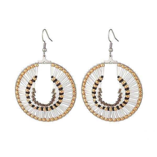 Glass Seed Braided Flat Round Dangle Earrings