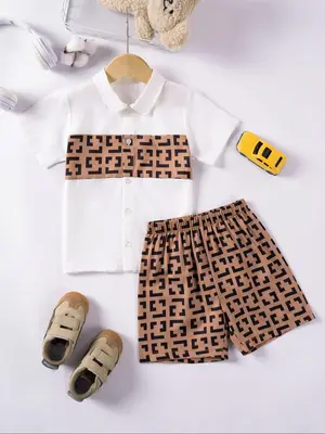 Two-Piece Set Boy's Patchwork Print Short Sleeve Shirt & Shorts Set, Casual Summer Clothes for Kids Outdoor Holiday, Kids Clo...