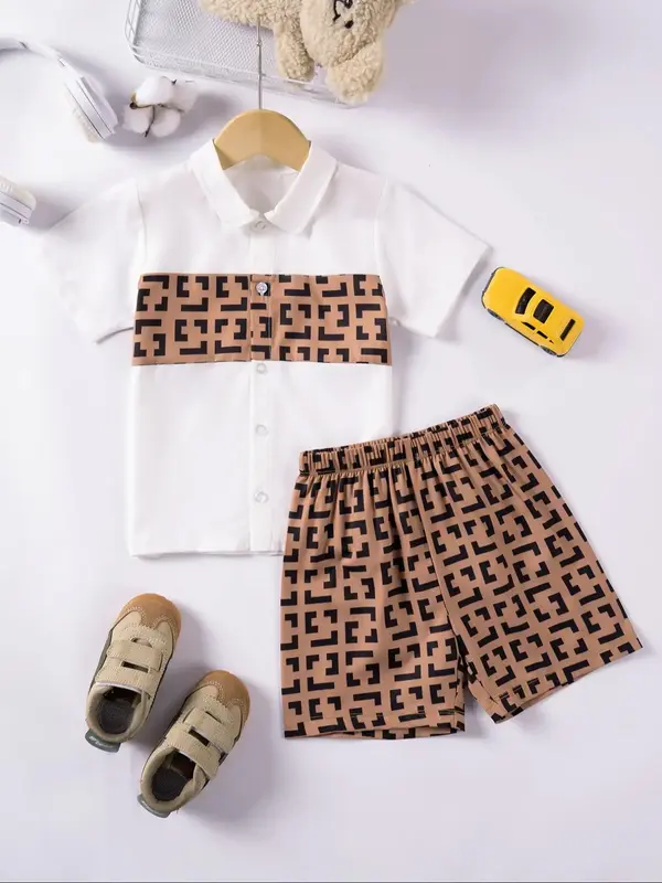 Two-Piece Set Boy's Patchwork Print Short Sleeve Shirt & Shorts Set, Casual Summer Clothes for Kids Outdoor Holiday, Kids Clo...