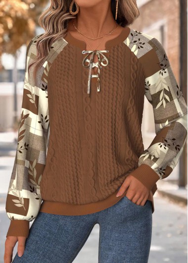 Modlily Dark Coffee Tummy Coverage Plaid Long Sleeve Sweatshirt - XL