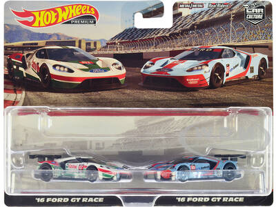 2016 Ford GT Race 67 White with Green and Red Stripes and 2016 Ford GT Race 69 Light Blue Metallic with Orange Stripes \