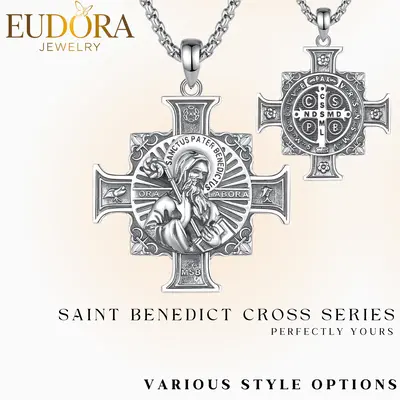 EUDORA S925 Sterling Silver St Benedict Pendant Necklace, San Benito Cross Medal for Men, Vintage Saint Benedict Amulet, Chri...