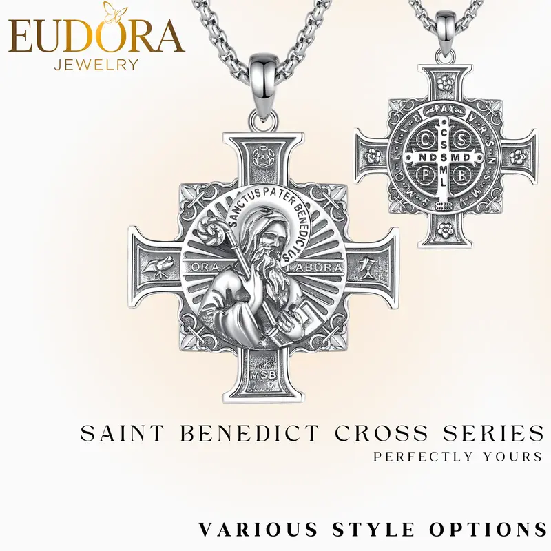 EUDORA S925 Sterling Silver St Benedict Pendant Necklace, San Benito Cross Medal for Men, Vintage Saint Benedict Amulet, Chri...