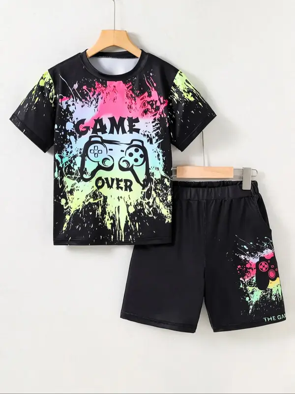 Two-piece Set Boy's Game Console Print Short Sleeve Tee & Shorts Set, Casual Round Neck T-shirt & Shorts for Summer, Kids Out...