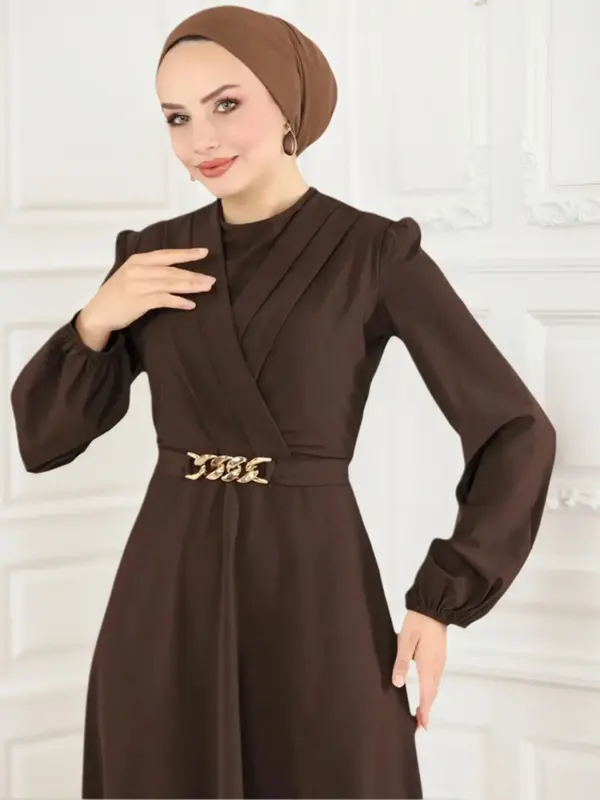 Women's Casual Round Neck Lantern Sleeve Long Robe, Traditional Arabic Dress, Plain Color, Comfortable and Stylish, Perfect f...